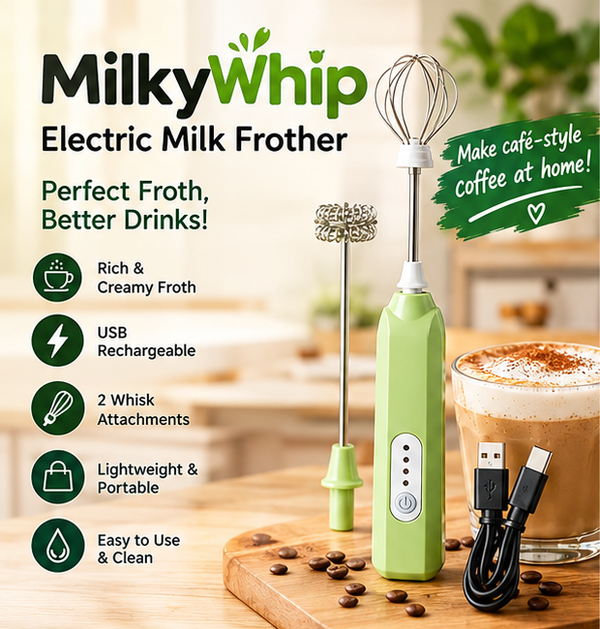 Milky Whip™ USB Rechargeable Electric Milk Frothier with 2 Whisk Attachments