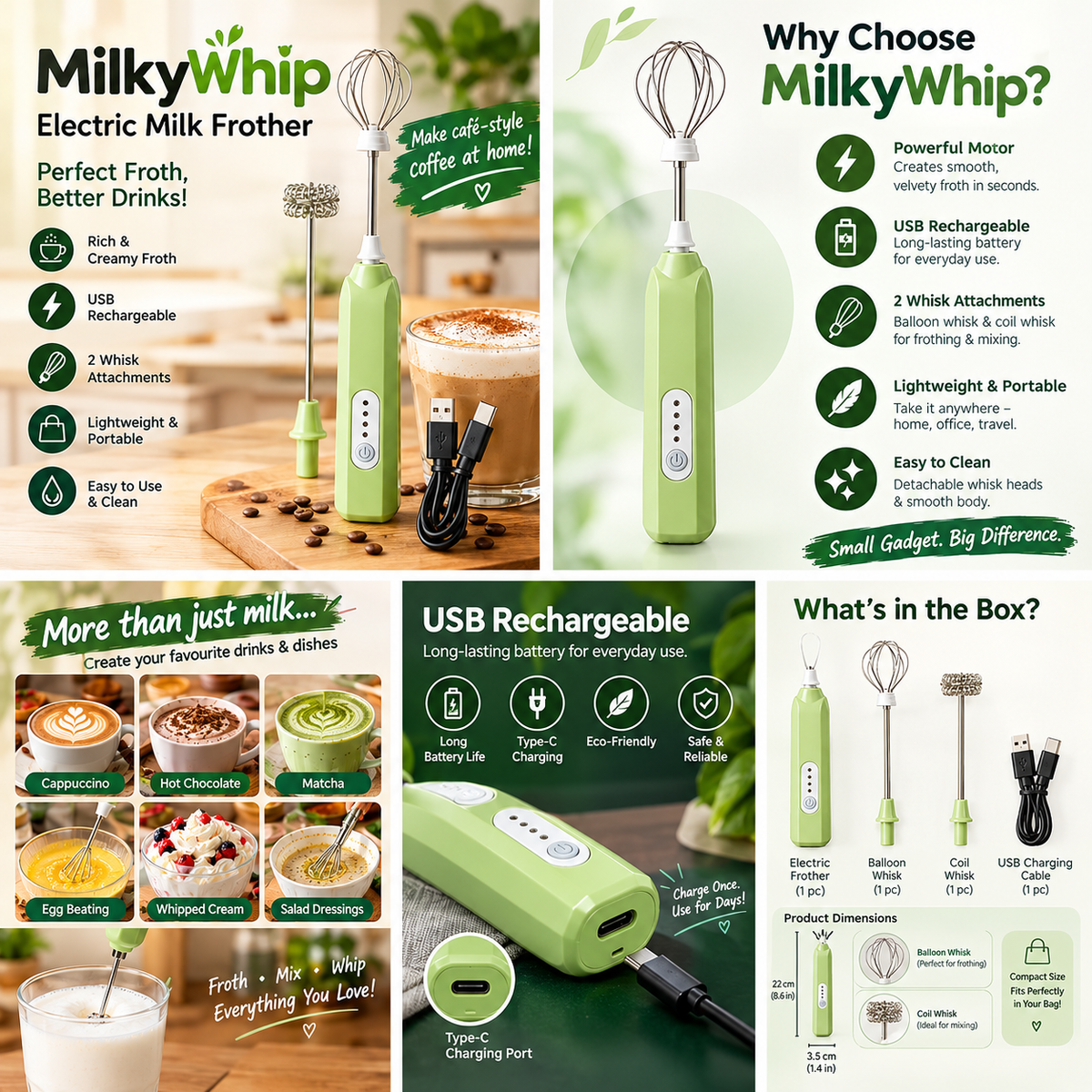 Milky Whip™ USB Rechargeable Electric Milk Frothier with 2 Whisk Attachments