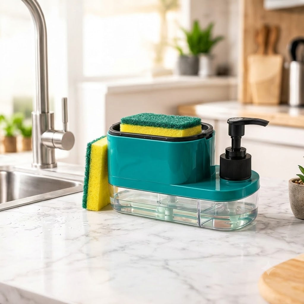 2-in-1 Soap Dispenser with Sponge Holder – Teal Kitchen Sink Organizer, One-Touch Soap Pump & Transparent Storage Tank