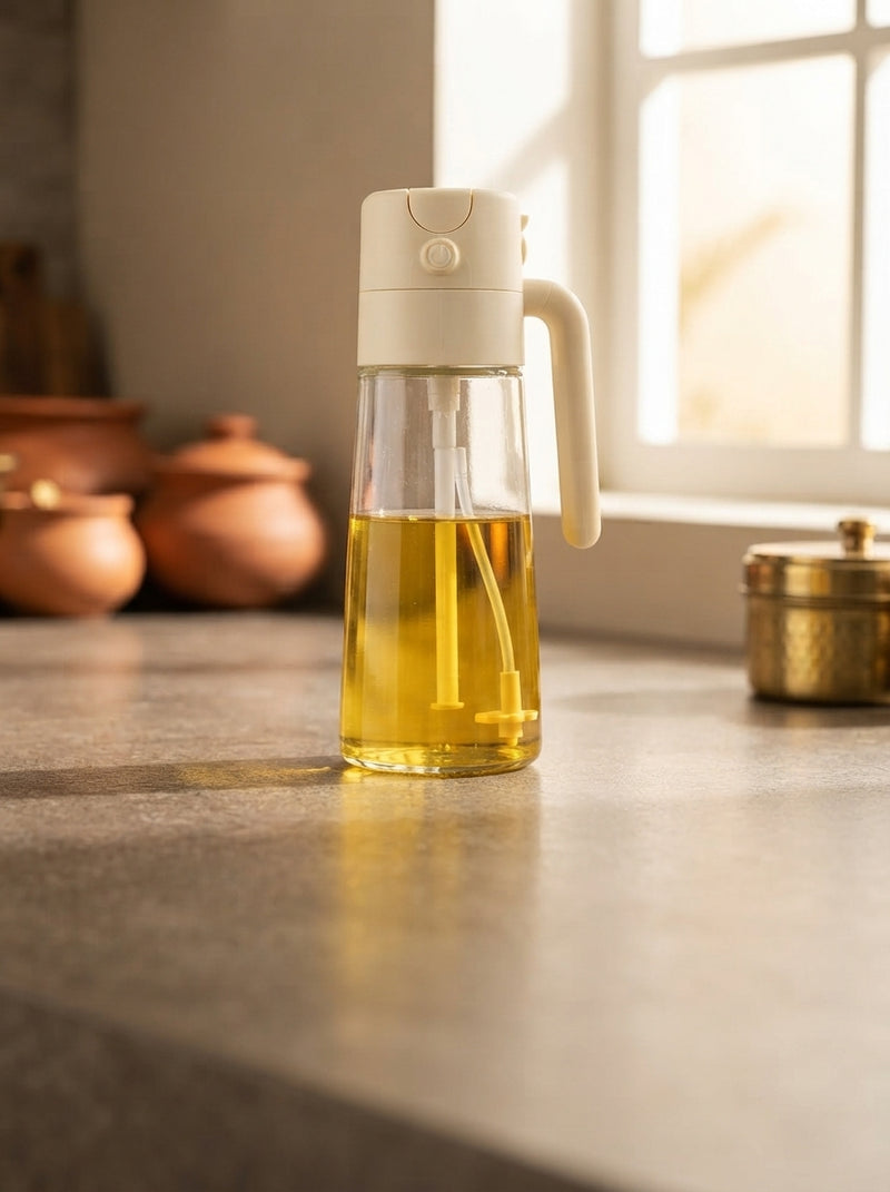 A 2-in-1 glass oil dispenser with a cream top placed on a charcoal kitchen counter in a modern, sunlit kitchen.