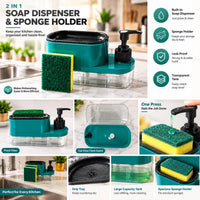 2-in-1 Soap Dispenser with Sponge Holder – Teal Kitchen Sink Organizer, One-Touch Soap Pump & Transparent Storage Tank