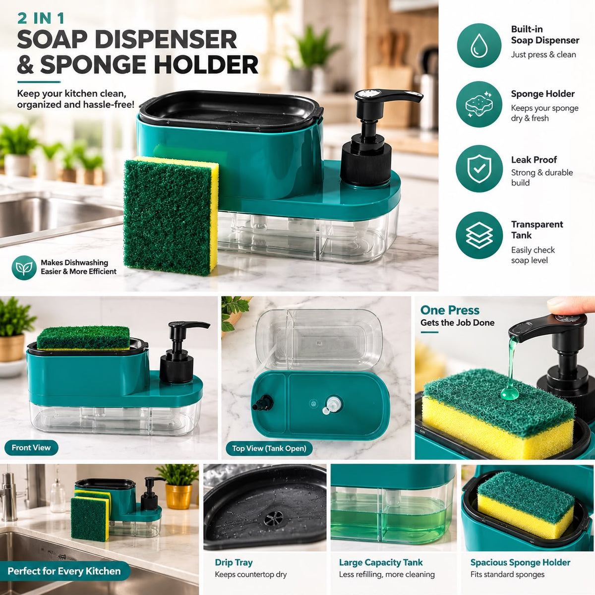 2-in-1 Soap Dispenser with Sponge Holder – Teal Kitchen Sink Organizer, One-Touch Soap Pump & Transparent Storage Tank